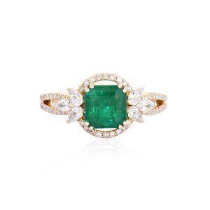 Emerald Halo Diamond 14K (or 18k upon request) Yellow Gold Statement Ring